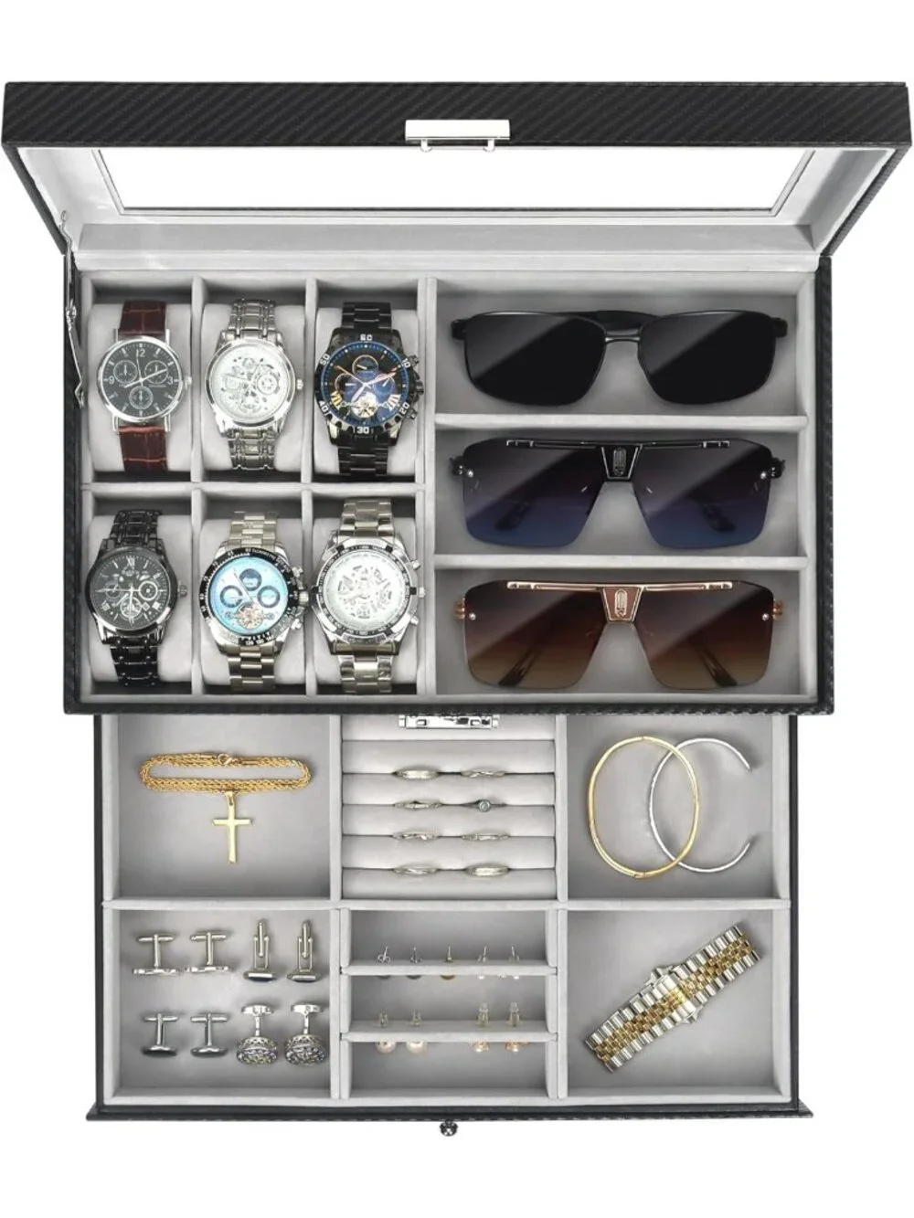 Men's Jewelry Box Organizer - 6 Watch Slots & 3 Sunglasses Compartments - Grey